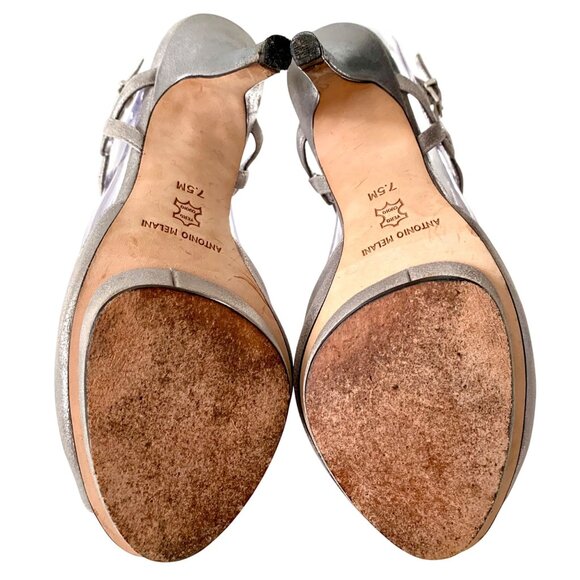 Antonio Melani Silver T-Strap Heels Gem Embellished Peep Toe 7.5 Formal Shoes - Picture 7 of 8